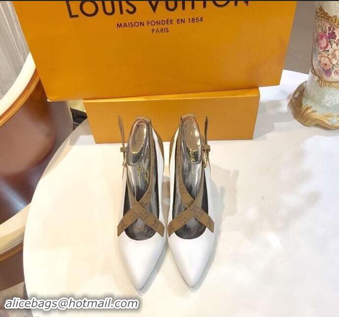 Faux Louis Vuitton Heel 10.5cm Matchmake Pumps Cross Straps Leather LV82908 White/Monogram Reverse Canvas 2019