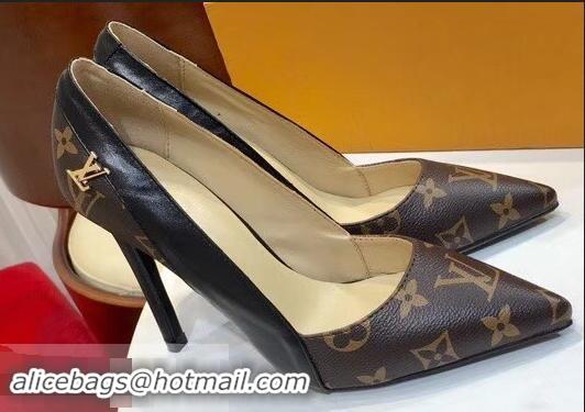 Imitation Louis Vuitton Heel 10cm Cherie Pumps Leather/Monogram Canvas LV82915 Black 2019