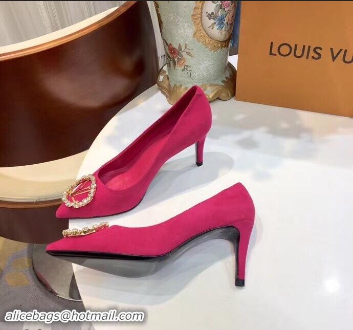 Ladies Faux Louis Vuitton Heel 8cm Suede LV Circle Madeleine Pumps LV91704 Fuchsia 2019