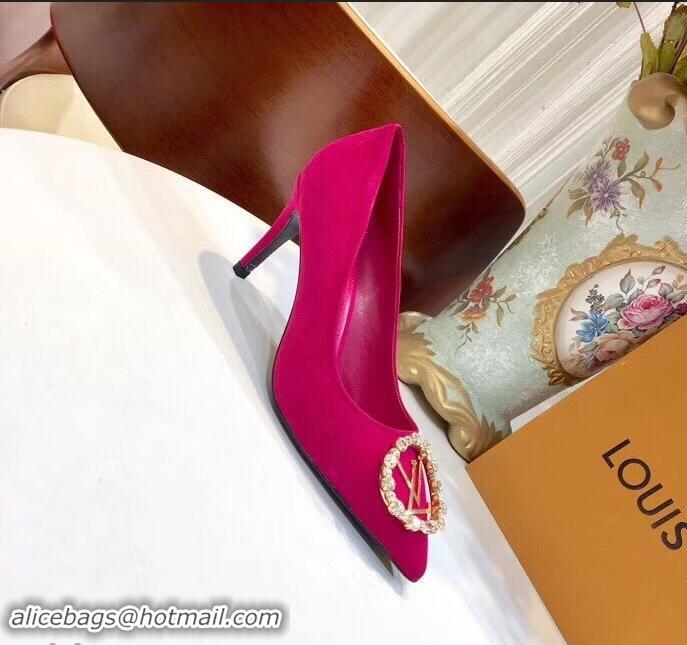 Ladies Faux Louis Vuitton Heel 8cm Suede LV Circle Madeleine Pumps LV91704 Fuchsia 2019