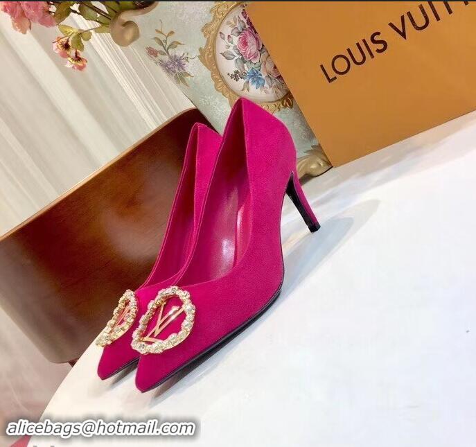 Ladies Faux Louis Vuitton Heel 8cm Suede LV Circle Madeleine Pumps LV91704 Fuchsia 2019