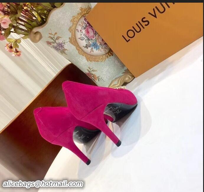 Ladies Faux Louis Vuitton Heel 8cm Suede LV Circle Madeleine Pumps LV91704 Fuchsia 2019