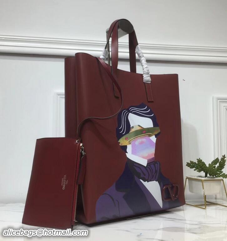 Top Quality Valentino Print N/S Long VRing Shopping Tote Bag 601438 Burgundy