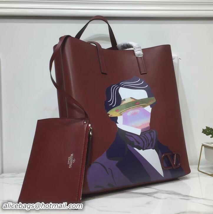 Top Quality Valentino Print N/S Long VRing Shopping Tote Bag 601438 Burgundy