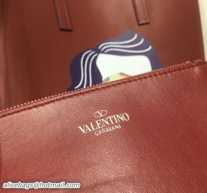 Top Quality Valentino Print N/S Long VRing Shopping Tote Bag 601438 Burgundy