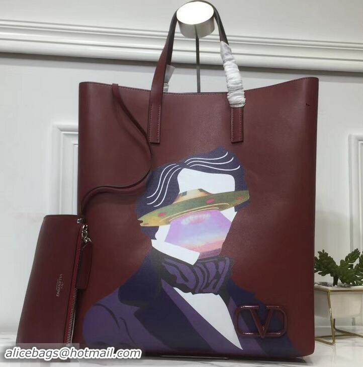 Top Quality Valentino Print N/S Long VRing Shopping Tote Bag 601438 Burgundy