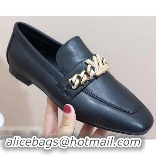 Inexpensive Louis Vuitton Upper Case Flat Loafer Chain 1A4XE7 Calf Leather Black 2019