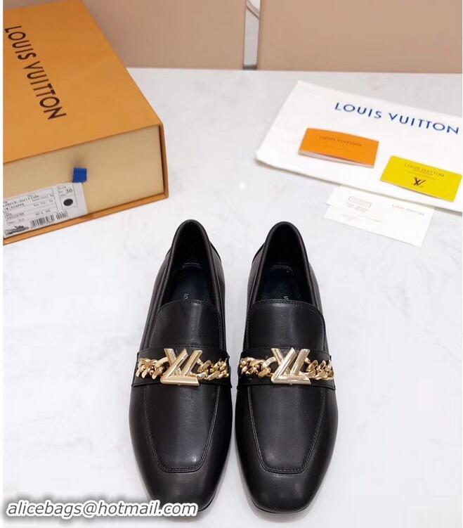 Inexpensive Louis Vuitton Upper Case Flat Loafer Chain 1A4XE7 Calf Leather Black 2019