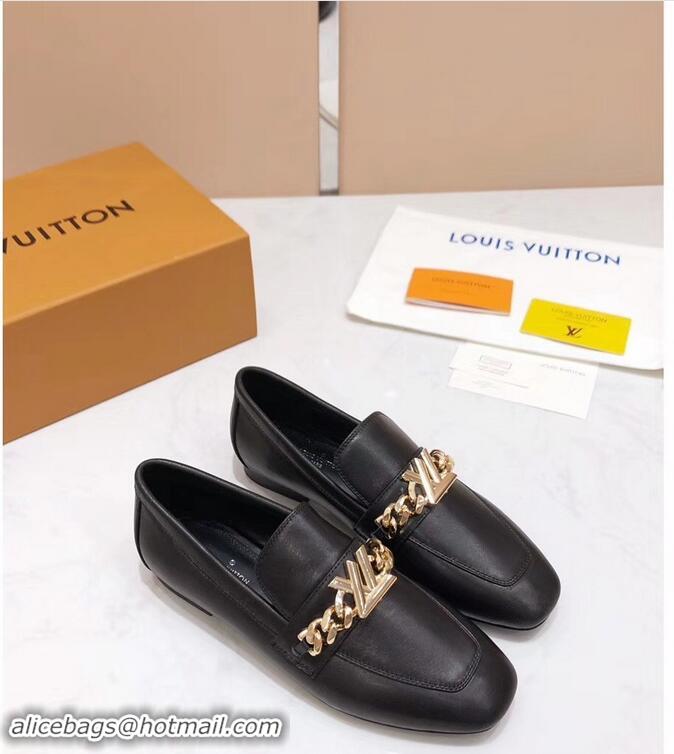 Inexpensive Louis Vuitton Upper Case Flat Loafer Chain 1A4XE7 Calf Leather Black 2019