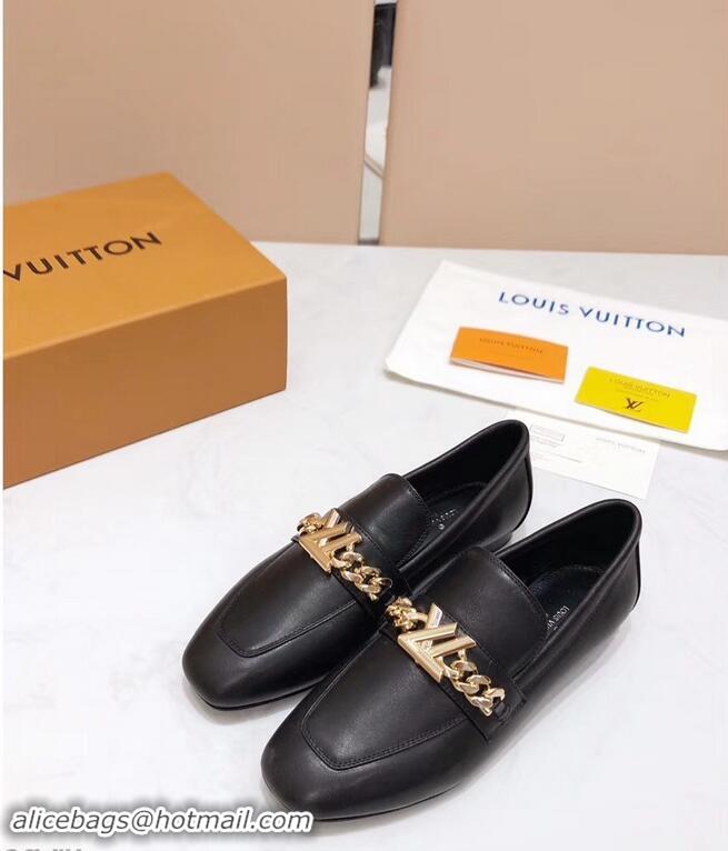 Inexpensive Louis Vuitton Upper Case Flat Loafer Chain 1A4XE7 Calf Leather Black 2019