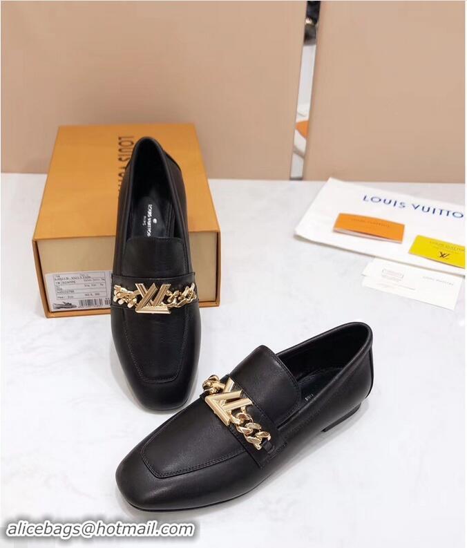 Inexpensive Louis Vuitton Upper Case Flat Loafer Chain 1A4XE7 Calf Leather Black 2019