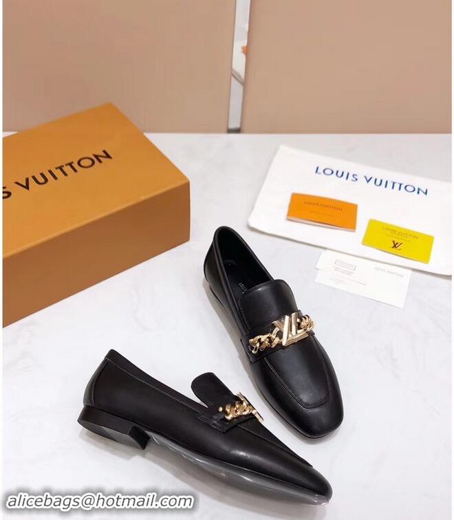 Inexpensive Louis Vuitton Upper Case Flat Loafer Chain 1A4XE7 Calf Leather Black 2019