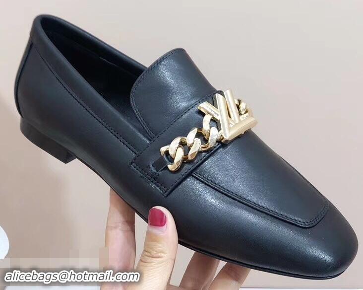 Inexpensive Louis Vuitton Upper Case Flat Loafer Chain 1A4XE7 Calf Leather Black 2019