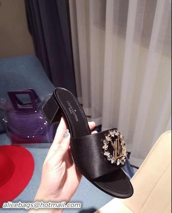 Buy Cheap Louis Vuitton Heel 4.5cm Strass-paved LV Circle Satin Madeleine Mules LV93507 Black 2019