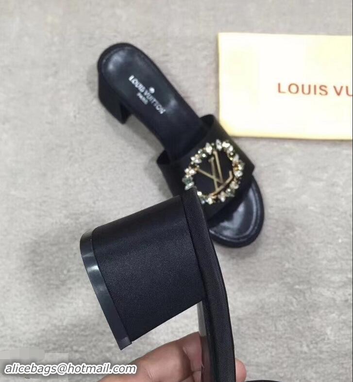 Buy Cheap Louis Vuitton Heel 4.5cm Strass-paved LV Circle Satin Madeleine Mules LV93507 Black 2019