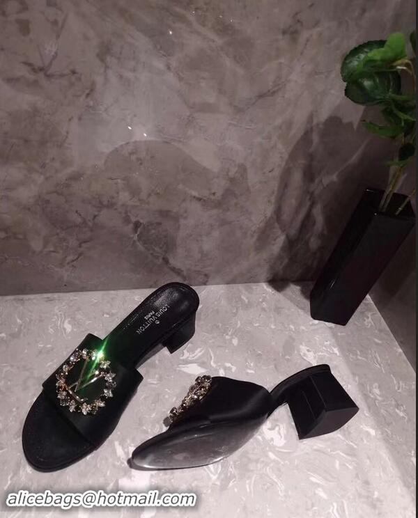 Buy Cheap Louis Vuitton Heel 4.5cm Strass-paved LV Circle Satin Madeleine Mules LV93507 Black 2019