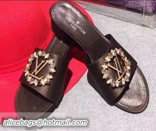 Buy Cheap Louis Vuitton Heel 4.5cm Strass-paved LV Circle Satin Madeleine Mules LV93507 Black 2019