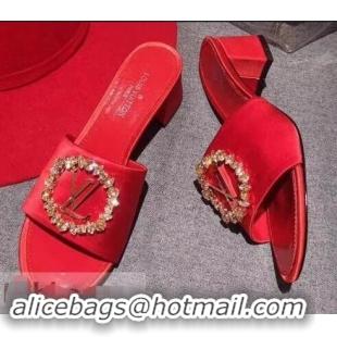 Discount Louis Vuitton Heel 4.5cm Strass-paved LV Circle Satin Madeleine Mules LV93507 Red 2019