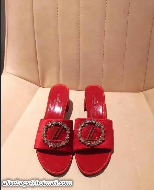 Discount Louis Vuitton Heel 4.5cm Strass-paved LV Circle Satin Madeleine Mules LV93507 Red 2019