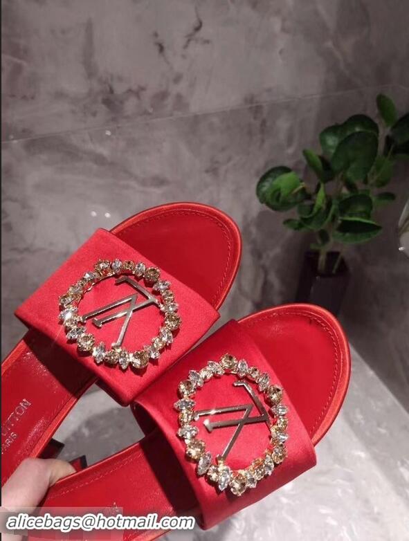 Discount Louis Vuitton Heel 4.5cm Strass-paved LV Circle Satin Madeleine Mules LV93507 Red 2019