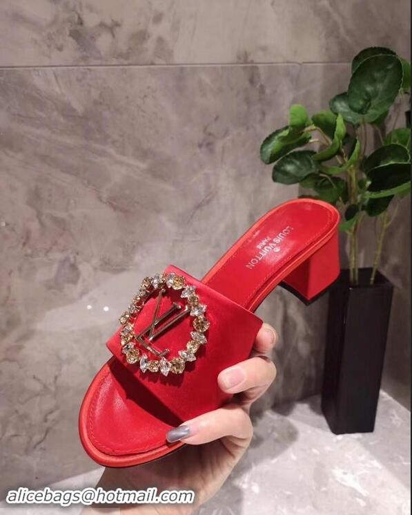 Discount Louis Vuitton Heel 4.5cm Strass-paved LV Circle Satin Madeleine Mules LV93507 Red 2019