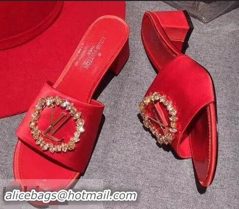 Discount Louis Vuitton Heel 4.5cm Strass-paved LV Circle Satin Madeleine Mules LV93507 Red 2019