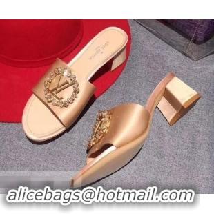 Elegant Louis Vuitton Heel 4.5cm Strass-paved LV Circle Satin Madeleine Mules LV93507 Nude 2019