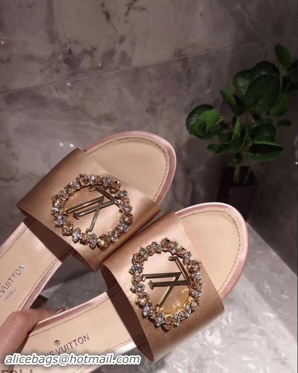 Elegant Louis Vuitton Heel 4.5cm Strass-paved LV Circle Satin Madeleine Mules LV93507 Nude 2019