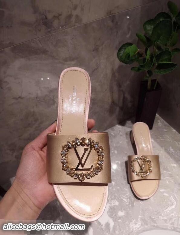 Elegant Louis Vuitton Heel 4.5cm Strass-paved LV Circle Satin Madeleine Mules LV93507 Nude 2019