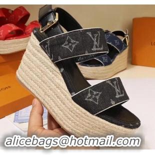 Low Cost Louis Vuitton Heel 10cm Platform 6cm Harbour Wedge Sandals LV94901 Denim Black 2019