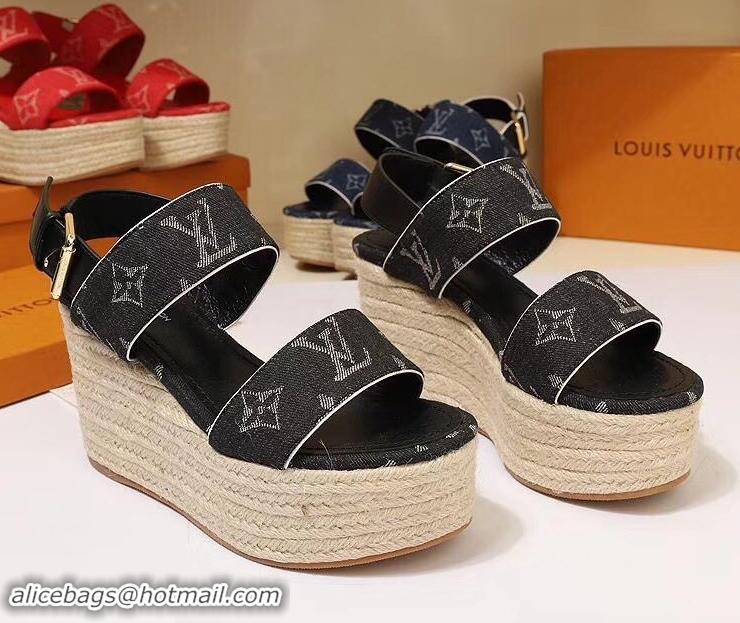 Low Cost Louis Vuitton Heel 10cm Platform 6cm Harbour Wedge Sandals LV94901 Denim Black 2019