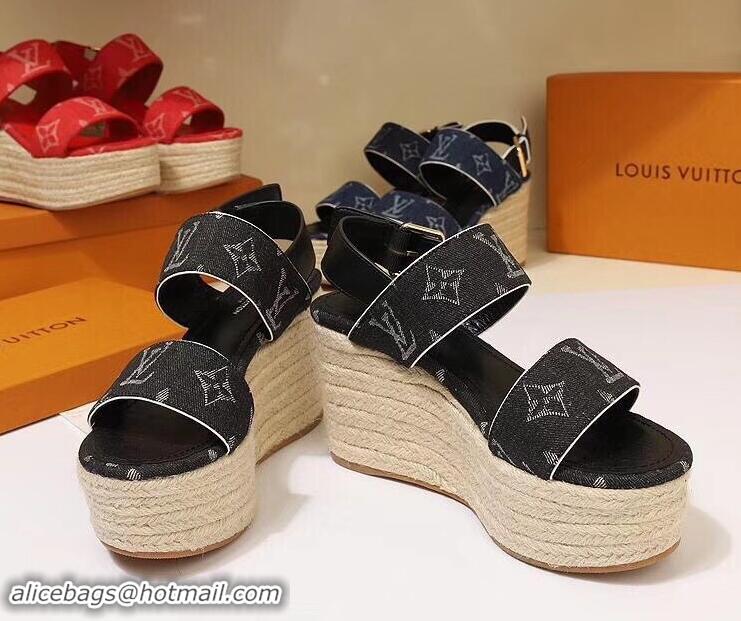 Low Cost Louis Vuitton Heel 10cm Platform 6cm Harbour Wedge Sandals LV94901 Denim Black 2019