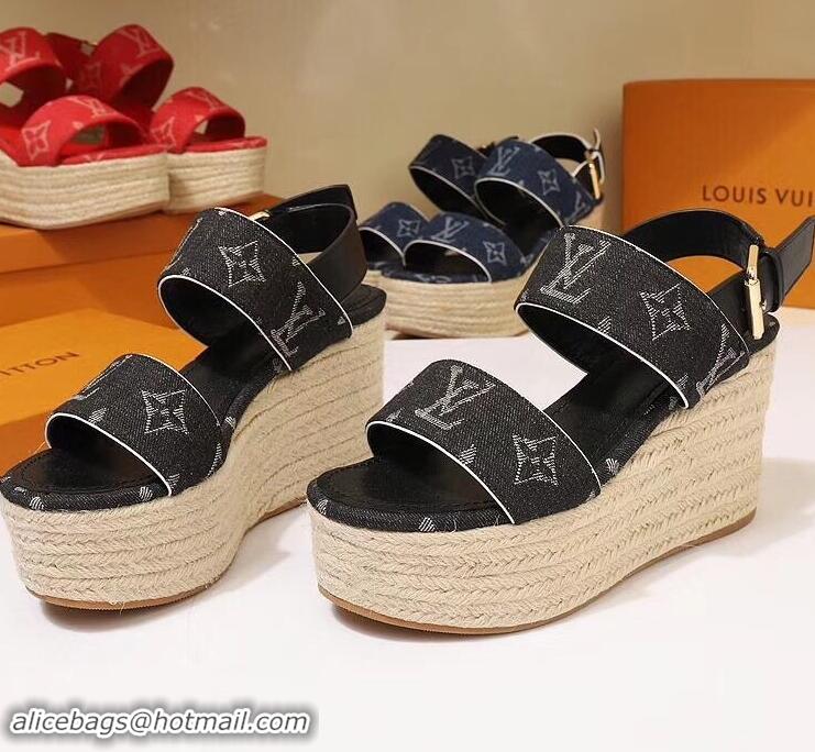 Low Cost Louis Vuitton Heel 10cm Platform 6cm Harbour Wedge Sandals LV94901 Denim Black 2019