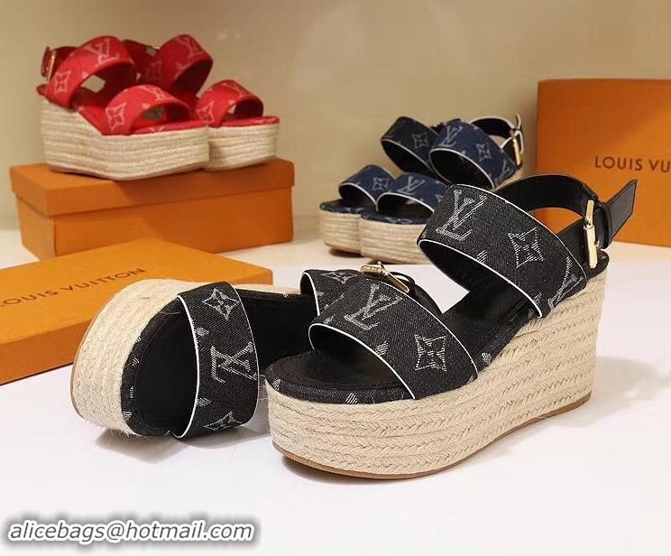 Low Cost Louis Vuitton Heel 10cm Platform 6cm Harbour Wedge Sandals LV94901 Denim Black 2019