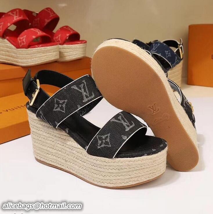 Low Cost Louis Vuitton Heel 10cm Platform 6cm Harbour Wedge Sandals LV94901 Denim Black 2019