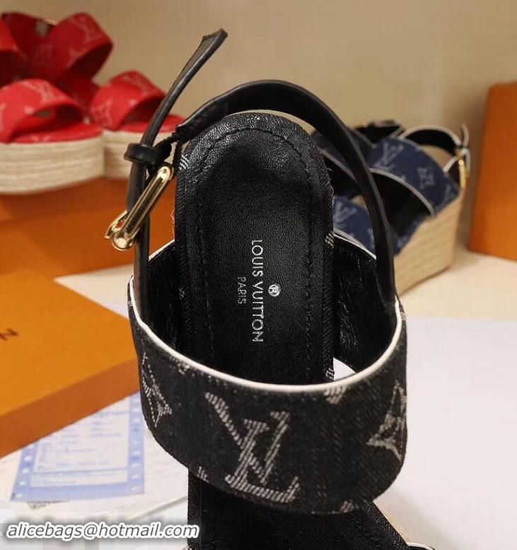 Low Cost Louis Vuitton Heel 10cm Platform 6cm Harbour Wedge Sandals LV94901 Denim Black 2019