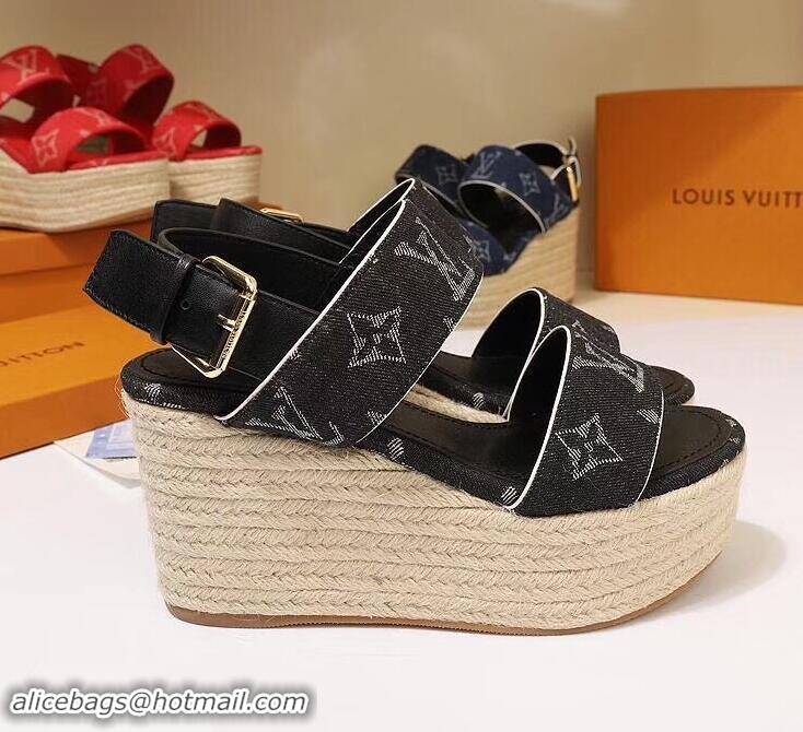 Low Cost Louis Vuitton Heel 10cm Platform 6cm Harbour Wedge Sandals LV94901 Denim Black 2019