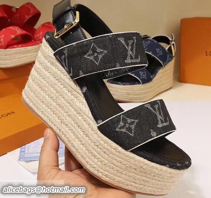 Low Cost Louis Vuitton Heel 10cm Platform 6cm Harbour Wedge Sandals LV94901 Denim Black 2019