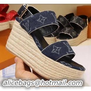 Luxurious Louis Vuitton Heel 10cm Platform 6cm Harbour Wedge Sandals LV94901 Denim Blue 2019