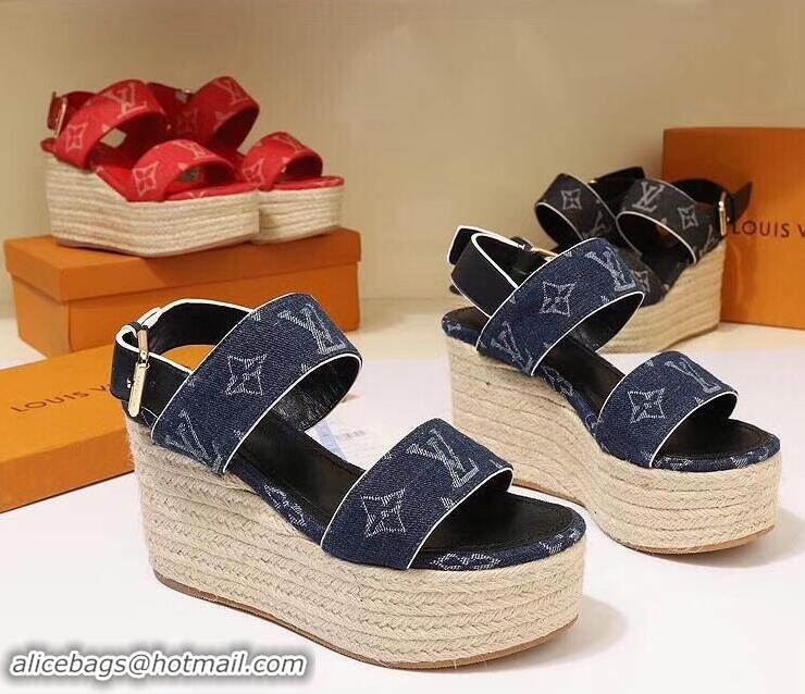 Luxurious Louis Vuitton Heel 10cm Platform 6cm Harbour Wedge Sandals LV94901 Denim Blue 2019