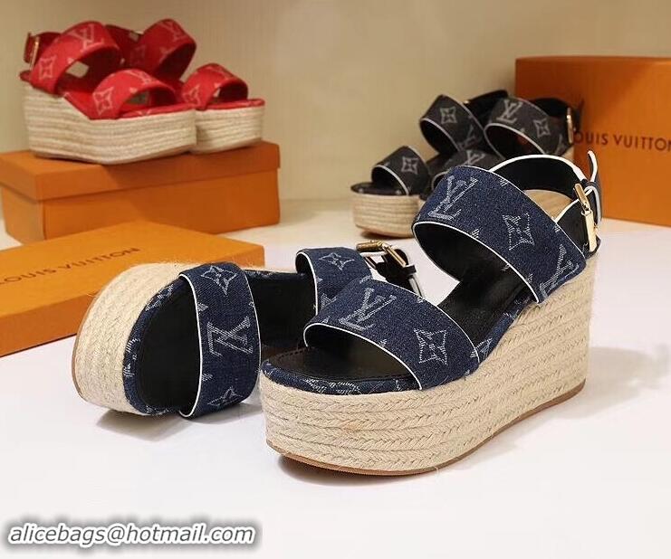 Luxurious Louis Vuitton Heel 10cm Platform 6cm Harbour Wedge Sandals LV94901 Denim Blue 2019