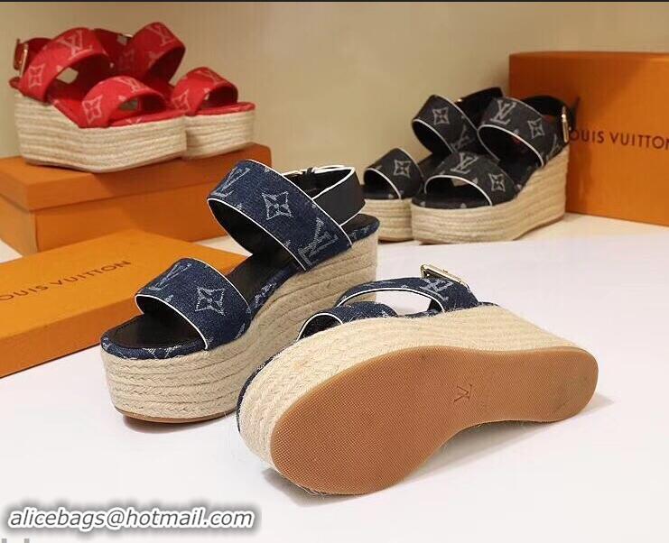 Luxurious Louis Vuitton Heel 10cm Platform 6cm Harbour Wedge Sandals LV94901 Denim Blue 2019