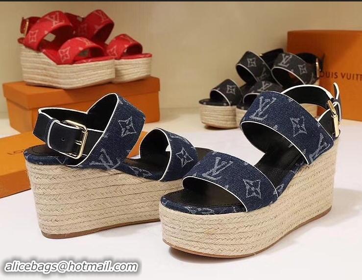 Luxurious Louis Vuitton Heel 10cm Platform 6cm Harbour Wedge Sandals LV94901 Denim Blue 2019