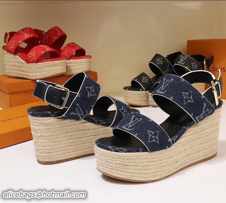 Luxurious Louis Vuitton Heel 10cm Platform 6cm Harbour Wedge Sandals LV94901 Denim Blue 2019