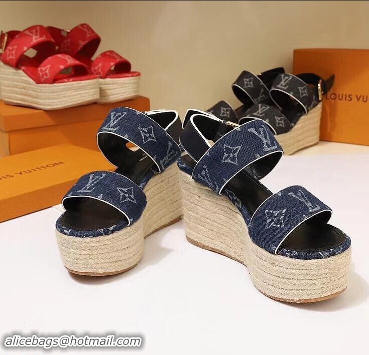 Luxurious Louis Vuitton Heel 10cm Platform 6cm Harbour Wedge Sandals LV94901 Denim Blue 2019