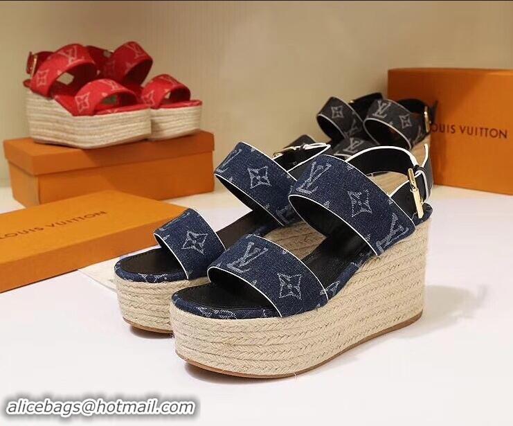 Luxurious Louis Vuitton Heel 10cm Platform 6cm Harbour Wedge Sandals LV94901 Denim Blue 2019