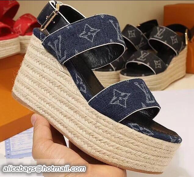 Luxurious Louis Vuitton Heel 10cm Platform 6cm Harbour Wedge Sandals LV94901 Denim Blue 2019