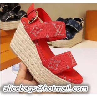 Most Popular Louis Vuitton Heel 10cm Platform 6cm Harbour Wedge Sandals LV94901 Denim Red 2019