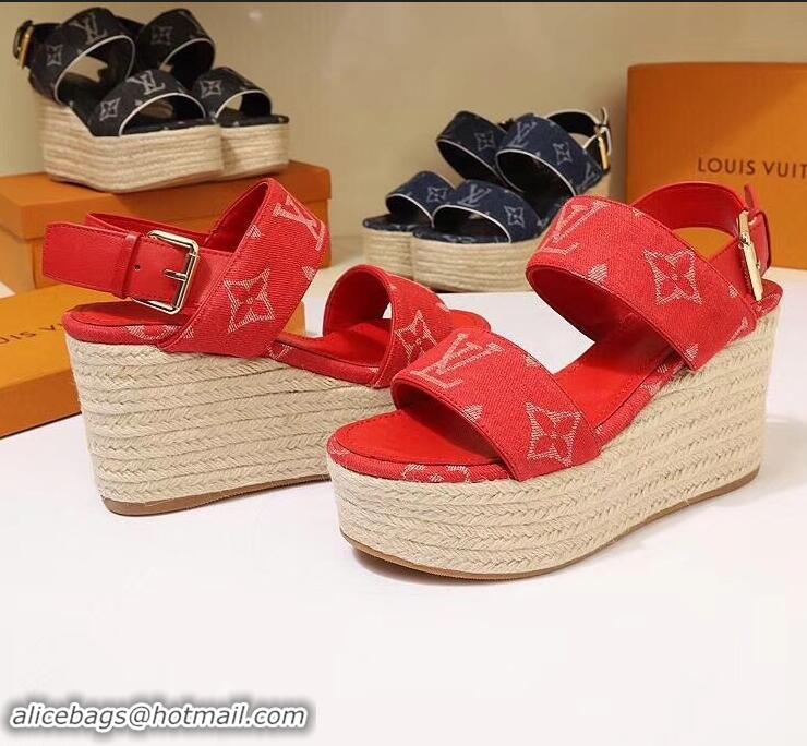 Most Popular Louis Vuitton Heel 10cm Platform 6cm Harbour Wedge Sandals LV94901 Denim Red 2019