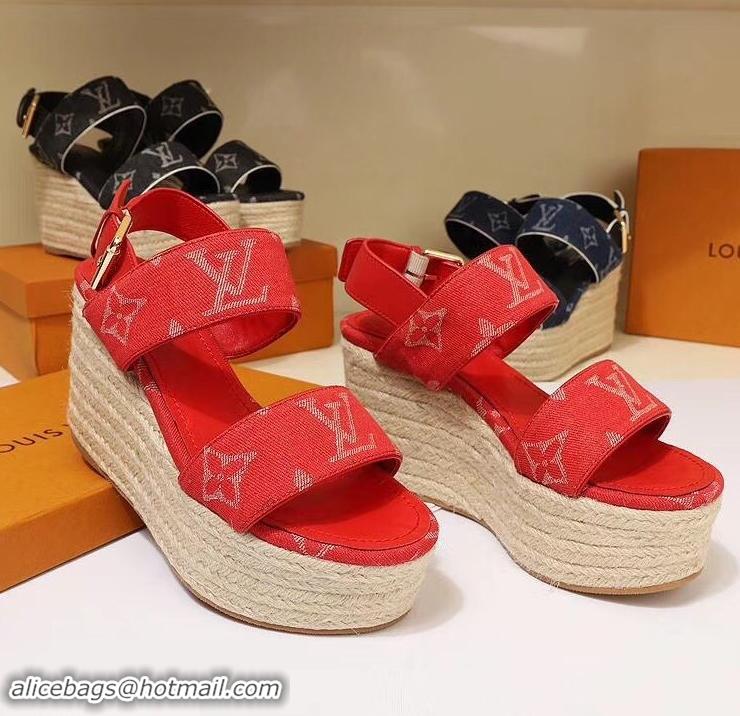 Most Popular Louis Vuitton Heel 10cm Platform 6cm Harbour Wedge Sandals LV94901 Denim Red 2019